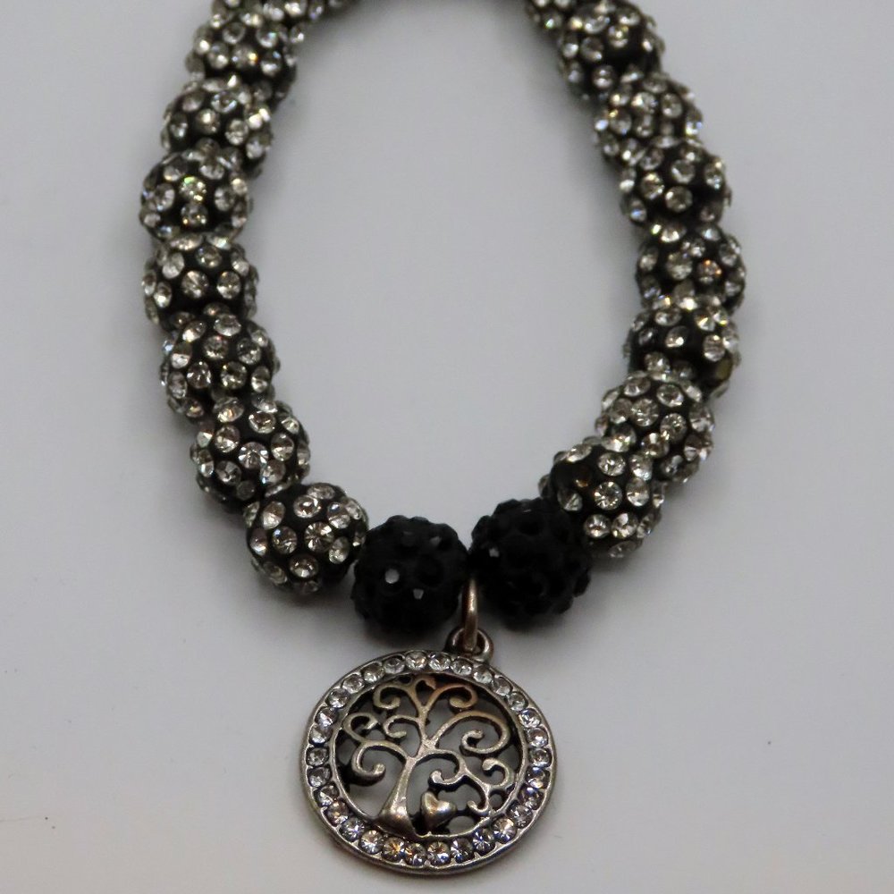 Black and glass stone stretchy bracelet with Tree of Life medallion